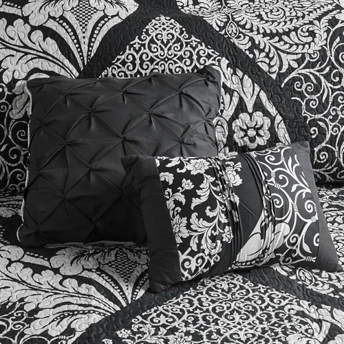 Vista 6 de Madison Park Vienna - Colcha reversible de algodón, diseño de costuras de lujo, para todas las estaciones, ropa de cama transpirable, fundas, Negro