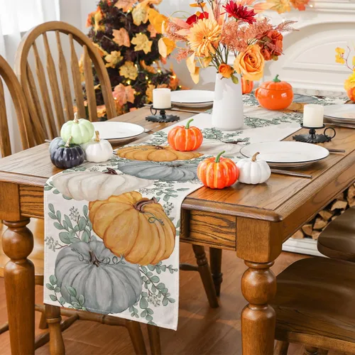 Vista 4 de Camino de mesa de otoño, eucalipto y calabaza, camino de mesa para otoño, Acción de Gracias, decoración de fiesta en el hogar, decoración de mesa