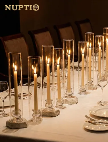 Vista 4 de NUPTIO Candelabros de cristal Hurricane para centro de mesa, 12.6 pulgadas Portavelas a granel con cubierta de chimenea cilíndrica transparente alta
