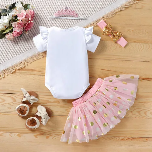Vista 5 de Conjunto de mameluco de algodón para el primer cumpleaños para niñas con lentejuelas y lazo para la cabeza, 3 piezas
