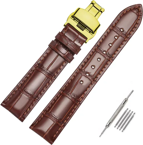 Vista 16 de Moran - Correa de cuero genuino con estampado de cocodrilo y cuero vacuno, hebilla de despliegue de repuesto, correa de reloj de 18 mm a 24 mm