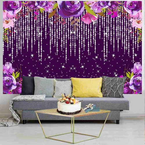 Vista 4 de Telón de fondo morado con purpurina de 7 x 5 pies, telón de fondo de acuarela con diamantes plateados brillantes, decoración de fiesta de té Bokeh