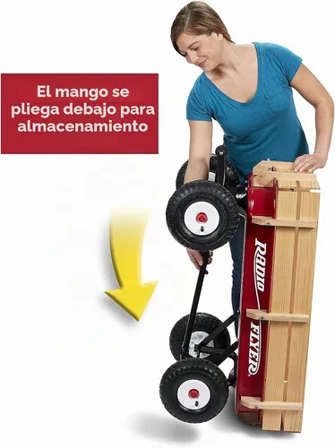 Vista 6 de 32 vagones de acero y madera todo terreno Radio Flyer , Rojo All-Steel Body with Wood Sides, 10” All-Terrain Rubber Tires, Extra-Long Handle Folds