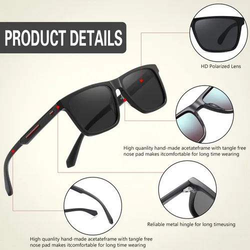 Vista 4 de Gafas de sol polarizadas de acetato para hombres y mujeres, diseño retro cuadrado para hombre, gafas de sol para conducción deportiva con protección