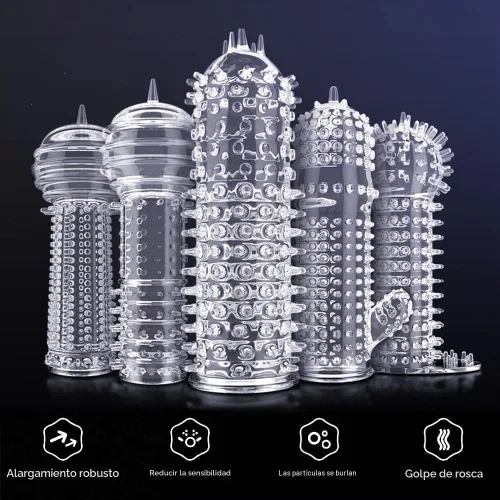 Vista 9 de Funda de silicona para el pene reutilizable, con textura elástica, con tachuelas, juego de mangas elásticas para el pene, anillos para el pene