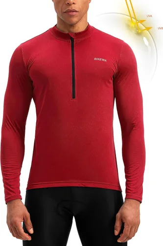 Vista 2 de Bikewa Maillot de ciclismo para hombre con 3+1 bolsillos traseros con cremallera, manga larga, absorción de humedad, UPF 50+ media cremallera