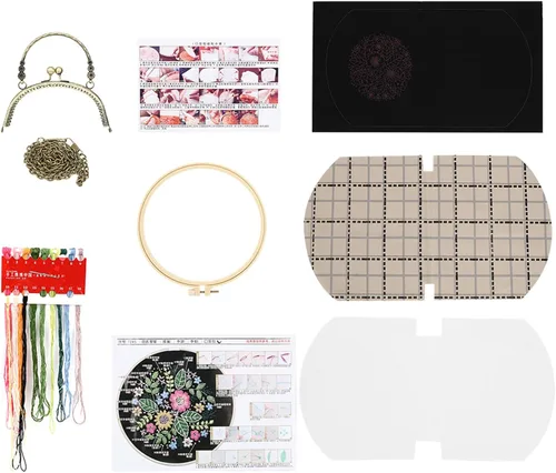Vista 4 de Patrón de flores bordadas de bricolaje, bolsa cruzada, kits de principiantes para adultos, cartera de bricolaje, monedero, bolso, 6.5 in
