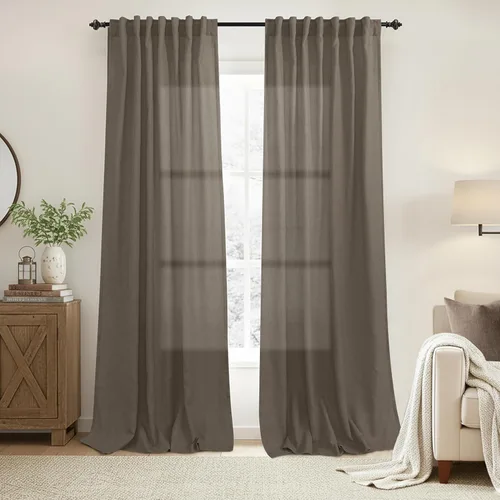 Vista 47 de Cortinas rústicas color beige tostado de 42 x 84 pulgadas de largo para sala de estar, juego de 2 paneles transparentes de lino natural, imitación