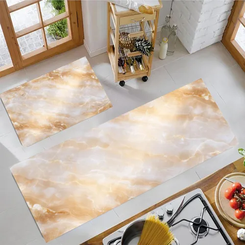 Vista 3 de 2Pcs Elegant Marble Texture Kitchen Mats for Floor Beige Retro Aesthetics Printed Non-Slip Washable Rugs Set Runner for Holiday Decor Entrance Porch