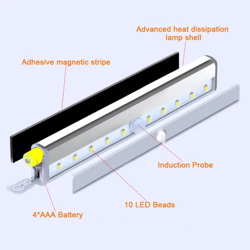 Vista 10 de Paquete de 6 luces LED con sensor de movimiento, 10 luces LED para armario, funciona con pilas, barra de luz nocturna magnética adhesiva