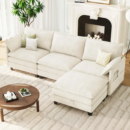 Vista 25 de Sofá modular moderno en forma de L de 106 pulgadas, sofá nube de felpilla con otomana de almacenamiento, sofás de asiento profundo con bolsillo Verde