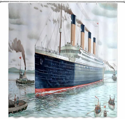 Vista 8 de Cortina de ducha de decoración náutica, retro, clásica, barco Titanic, paisaje, acuarela, arte de baño, cortinas de tela de poliéster con gancho