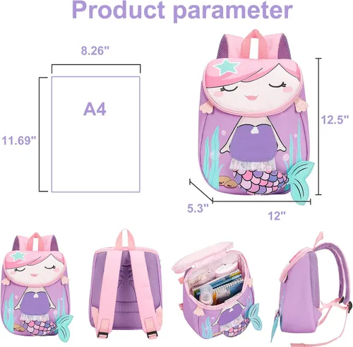 Vista 2 de Bluboon Mochila para niños pequeños para niñas, mochila preescolar 3D, mochila escolar para niños pequeños Púrpura