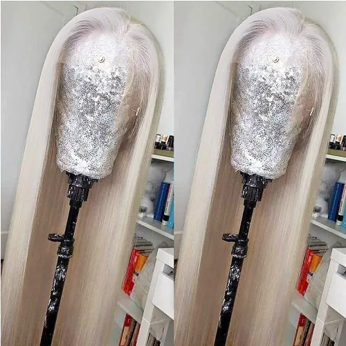 Vista 2 de Missyvan - Peluca de encaje frontal de color de cabello blanco, Pelucas de pelo largo y liso Rubio platino, Cabello de fibra resistente al calor