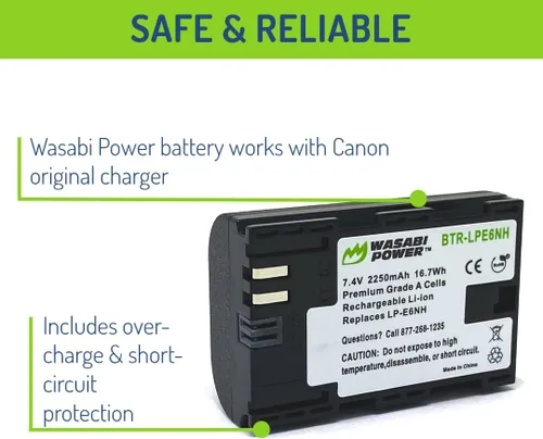 Vista 3 de Wasabi Power Batería de repuesto LP-E6NH para Canon EOS 5D Mark II/III/IV, 5DS, 5DS R, 6D, 6D Mark II, 7D, 7D Mark II, 70D, 80D, 90D, R, R5, R5C