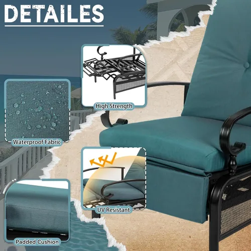 Vista 4 de Sillón ajustable para patio, sillón reclinable de metal automático con cojines extraíbles, color azul