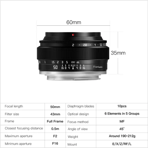 Vista 7 de TTArtisan Lente de cámara de enfoque manual de marco completo f2 de 1.969 in para L Mount T TL TL2 CL SL SL2 y FP FPL y S1 S1M S1R S1RM S1H S1K S5