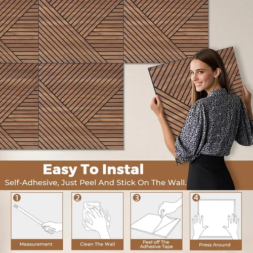 Vista 5 de Paneles de pared acústicos 3D autoadhesivos para despegar y pegar, paquete de 8 paneles insonorizados con patrón de madera autoadhesivos de 23.6 x