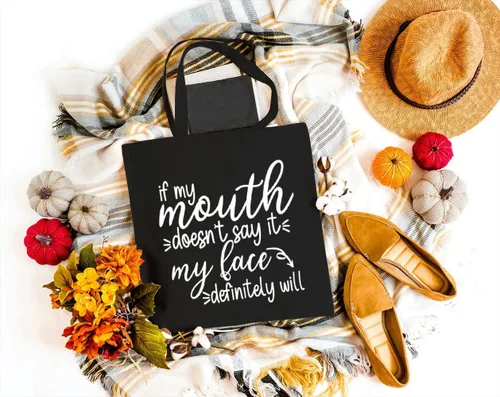 Vista 3 de Bolsa de lona para mujer, bolsas de comestibles reutilizables, refranes divertidos If My Mouth Donot Say It May Face Definiitely Will