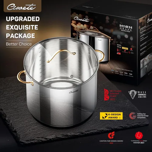 Vista 8 de Ciwete Olla de stock de 20 cuartos, olla de acero inoxidable de 3 capas con tapa, olla de sopa de 20 cuartos con asa de cobre, ollas sanas, apta