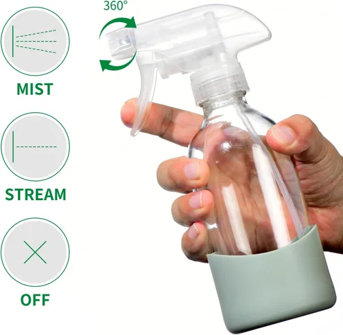Vista 3 de Botellas de vidrio transparente de 8 onzas con funda de silicona, botellas de spray recargables para soluciones de limpieza, cabello, plantas