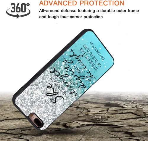 Vista 2 de Funda para iPhone 7 Plus, iPhone 8 Plus, citas con purpurina azul, versículo bíblico Proverbios 31:25, diseño delgado, resistente a los impactos