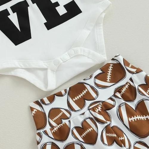 Vista 6 de Newborn Baby Girl Clothes Letter Short Sleeve Football Romper Top Love Pants Set Infant Cute Outfits