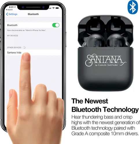 Vista 3 de SANTANA BY CARLOS SANTANA Vida Active - Auriculares inalámbricos Bluetooth con funda de carga, color negro