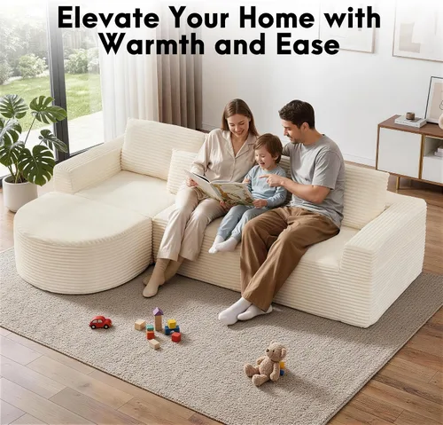 Vista 8 de Korser Sofá modular en forma de L de 110 pulgadas con diván, sofá modular de pana esponjosa con asiento profundo y bolsillos laterales, cómodos Beige