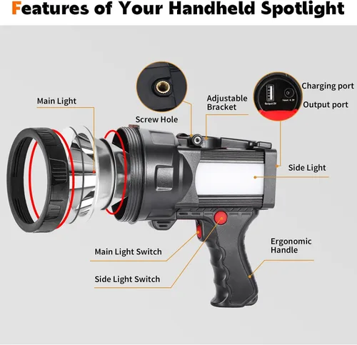 Vista 6 de Superbright Linterna LED de Mano Reflector Linterna Potente Luz de Búsqueda Linterna Recargable por USB con Función de Banco de Energía Luz
