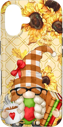Vista 32 de Sunflower Gnome with Books for Tea Lover Librarian Reading Case for iPhone 16