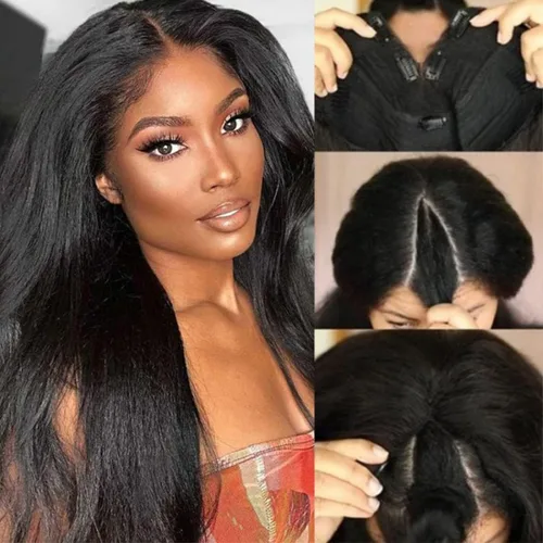 Vista 11 de UNICE - Peluca de cabello humano lacio tipo afro con parte en V, sin pegamento, con parte en U mejorada, con pinzas de máquina, sin mechones fuera