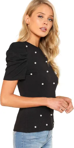 Vista 3 de Romwe - Blusa bordada para mujer con manga corta abombada adornada con elegantes perlas