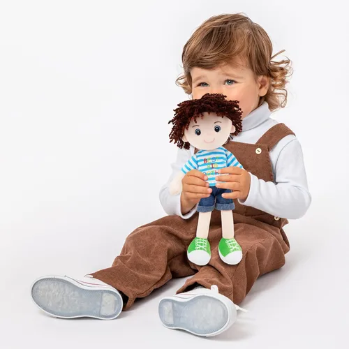 Vista 4 de June Garden Snuggle Cutie Benny de 14 pulgadas, muñeco de felpa suave Best Big Brother, muñeco de peluche con camisa a rayas azules y zapatos Verde