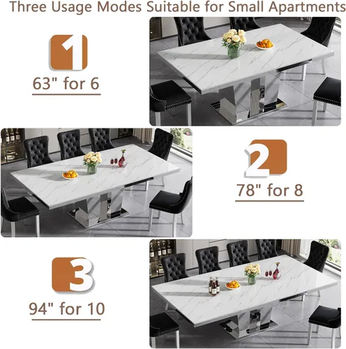 Vista 4 de Juego de mesa de comedor de mármol sintético blanco para 10, juego de mesa de comedor extensible de 11 piezas de 63 a 94 pulgadas con 10 sillas