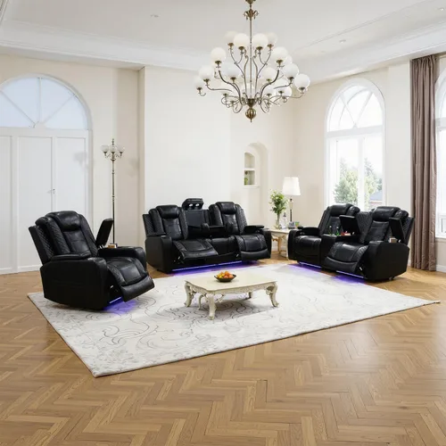 Vista 31 de Sofá reclinable con luces LED, sofá reclinable de cuero con dos asientos reclinables/puerto USB/consola de almacenamiento/soporte para vasos