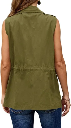 Vista 4 de Koodred Chaleco de utilidad militar para mujer, ligero, sin mangas, con cordón, con bolsillos