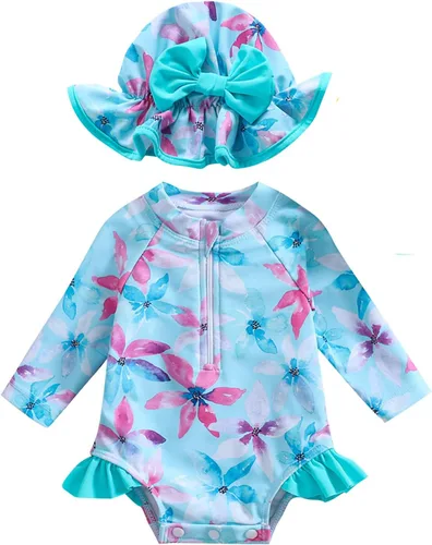 Vista 98 de Traje de baño de una pieza con cremallera de manga larga para bebé niña con gorro