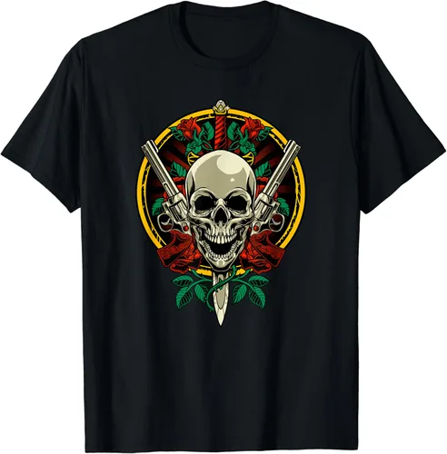 Vista 2 de Skull Face with Roses - Camiseta de rock de los años 80 y 90, Negro