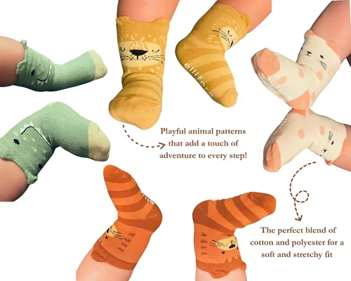 Vista 2 de Paquete de 7 calcetines de animales lindos para bebé, agarre antideslizante, calcetines para niños pequeños recién nacidos