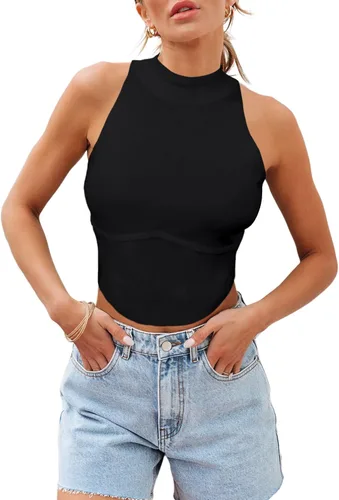 Vista 2 de Shermia Camiseta corta sexy sin mangas con cuello halter para mujer, espalda cruzada, de punto suave, ajustada