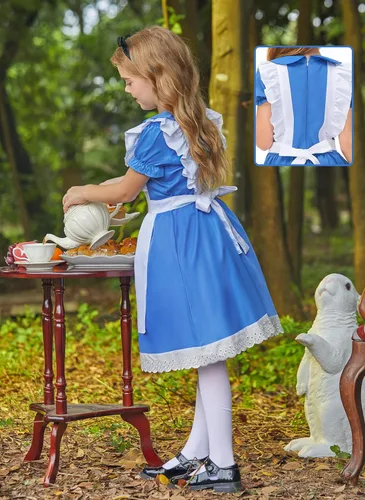 Vista 4 de BesserBay Vestido azul de Halloween con ribete de volantes y lazo en la cintura con delantal blanco de 4 a 12 años