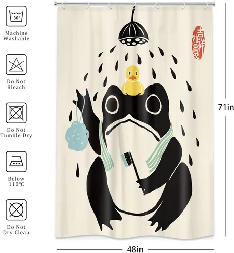 Vista 5 de Juego Divertido de Cortina de Rana Retro para Ducha, Juego de Baño 48x71 Pulgadas, Estilo Asiático Lindo, Arte Japonés Tradicional de Pato de Goma