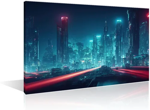Vista 34 de 1 panel de cuadros de la ciudad de Cyberpunk, arte de pared, representación de vallas publicitarias, edificios modernos en la capital con obras