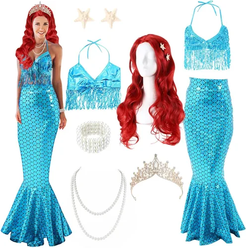 Vista 8 de 8 piezas de disfraz de sirena para mujer, disfraces de Halloween, lentejuelas brillantes, falda de sirena, peluca, vestido de princesa para adultos