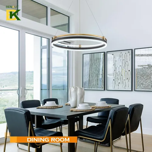Vista 3 de Benkut Lámpara colgante LED moderna D24 pulgadas, color negro dorado, lámpara LED circular regulable, 1 anillo con control remoto, luz colgante