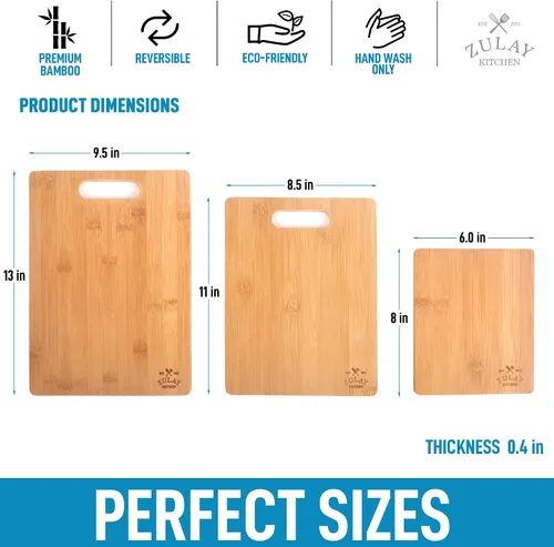 Vista 3 de Zulay - Tabla de cortar de madera de bambú (3 piezas) para cocina, tabla de cortar de madera de 3 tamaños surtidos para cocinar y servir, juego