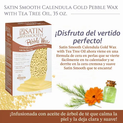 Vista 2 de Satin Smooth Cera de piedra de caléndula dorada Cera dura con aceite de árbol de té Ideal para todo tipo de piel y cabello grueso y persistente