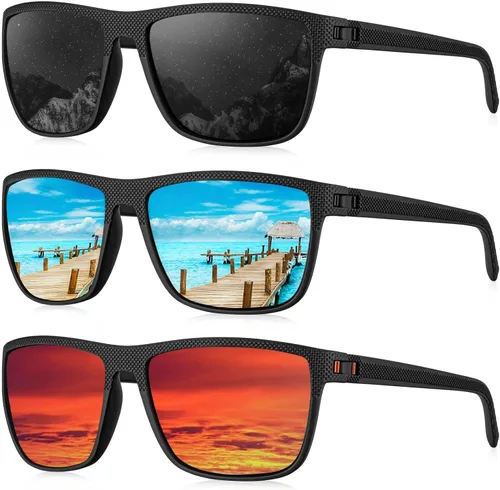 Vista 37 de KALIYADI Gafas de sol polarizadas para hombre, gafas de sol ligeras con protección UV para conducir, pescar y jugar golf (3 unidades) Negro