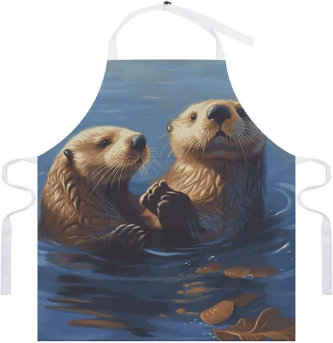 Vista 7 de MUSM Sea Otters Painting Apron，Classic Vintage Funny with Pockets Aprons,Adjustable Bib Waterdrop Resistant for Kitchen Cooking Restaurant BBQ